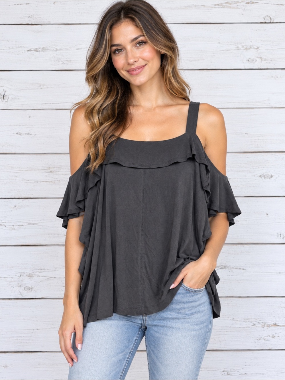 Harlowe & Graham Cold Shoulder Ruffle Sleeve Tank Top - XS